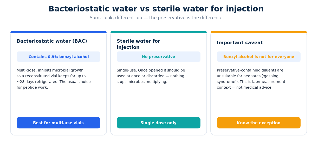 Bacteriostatic water contains a preservative for multi-use vials; sterile water for injection does not.