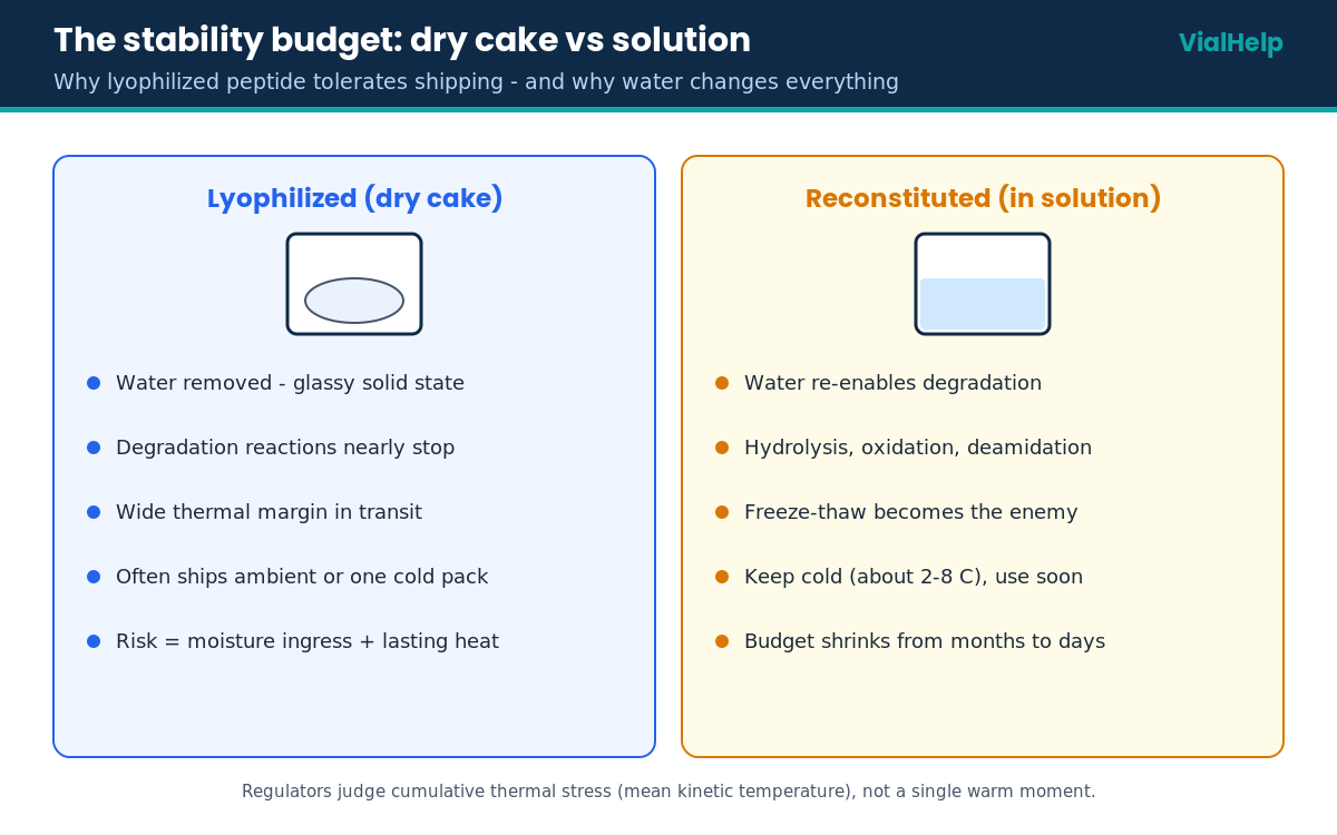 Peptide cold chain stability budget comparison of lyophilized dry cake versus reconstituted solution