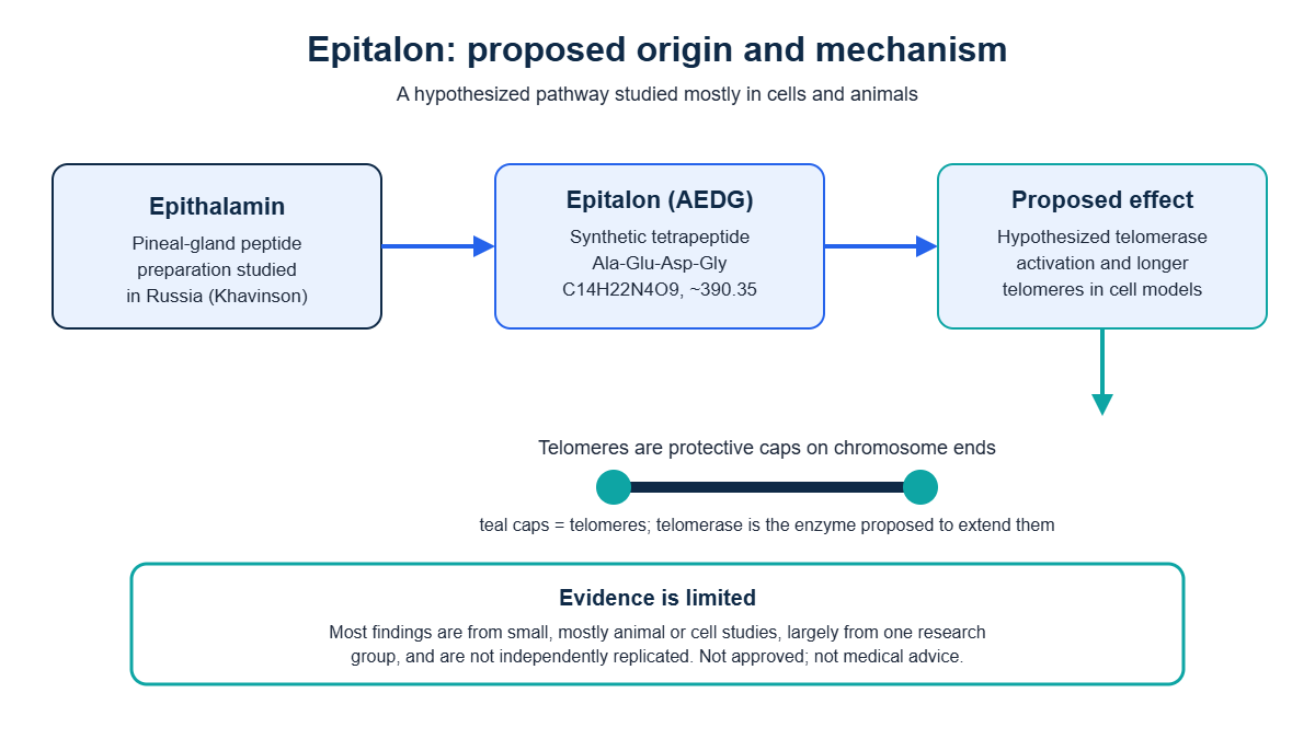 Diagram of the proposed pathway from Epithalamin pineal extract to the synthetic Epitalon tetrapeptide and its hypothesized telomerase effect, with an evidence-is-limited note