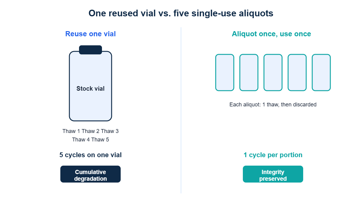 Diagram comparing one vial thawed five times leading to degradation versus five aliquots each thawed once staying intact