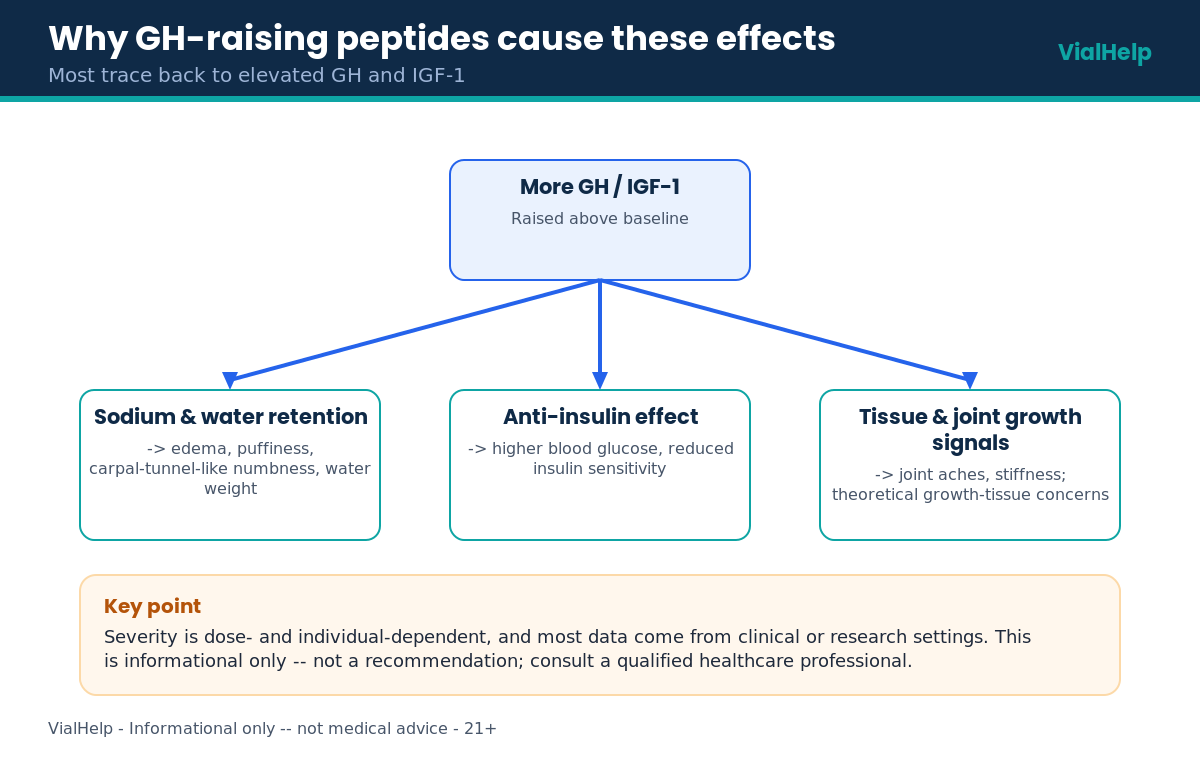 Diagram showing why growth hormone peptides cause side effects through elevated GH and IGF-1
