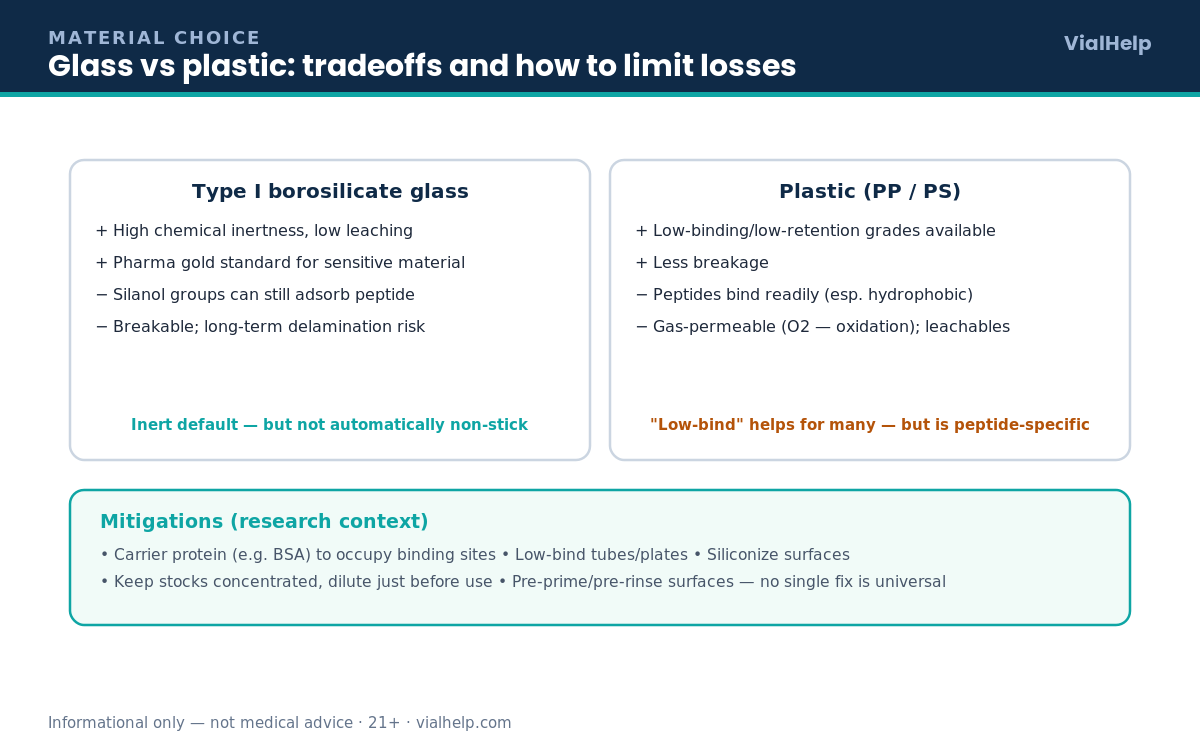 Comparison of Type I borosilicate glass versus plastic for peptide storage, with adsorption mitigations like carrier protein and low-bind tubes