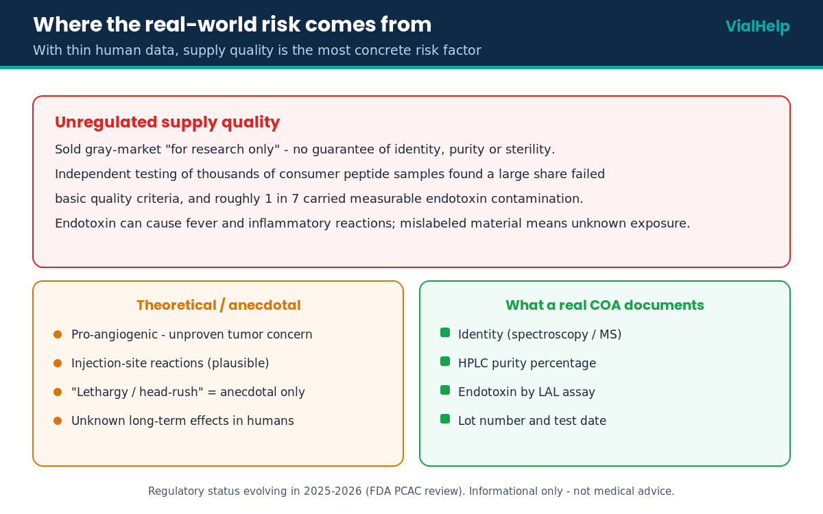 BPC-157 and TB-500 risk sources: unregulated supply purity and endotoxin, theoretical concerns, and what a COA documents