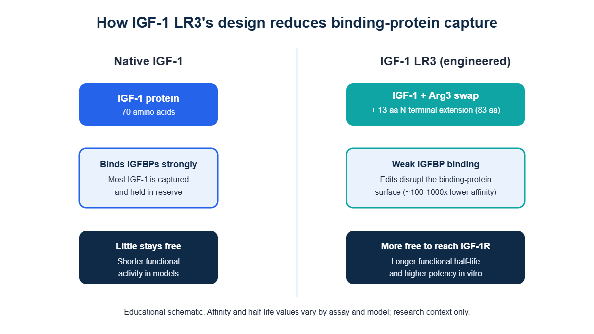 Diagram showing how the Arg3 substitution and N-terminal extension on IGF-1 LR3 reduce IGFBP binding, leaving more free growth factor for the IGF-1 receptor