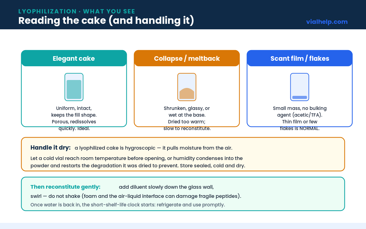 Lyophilized peptide cake diagram comparing an elegant cake, collapse or meltback, and a scant film, with handling notes