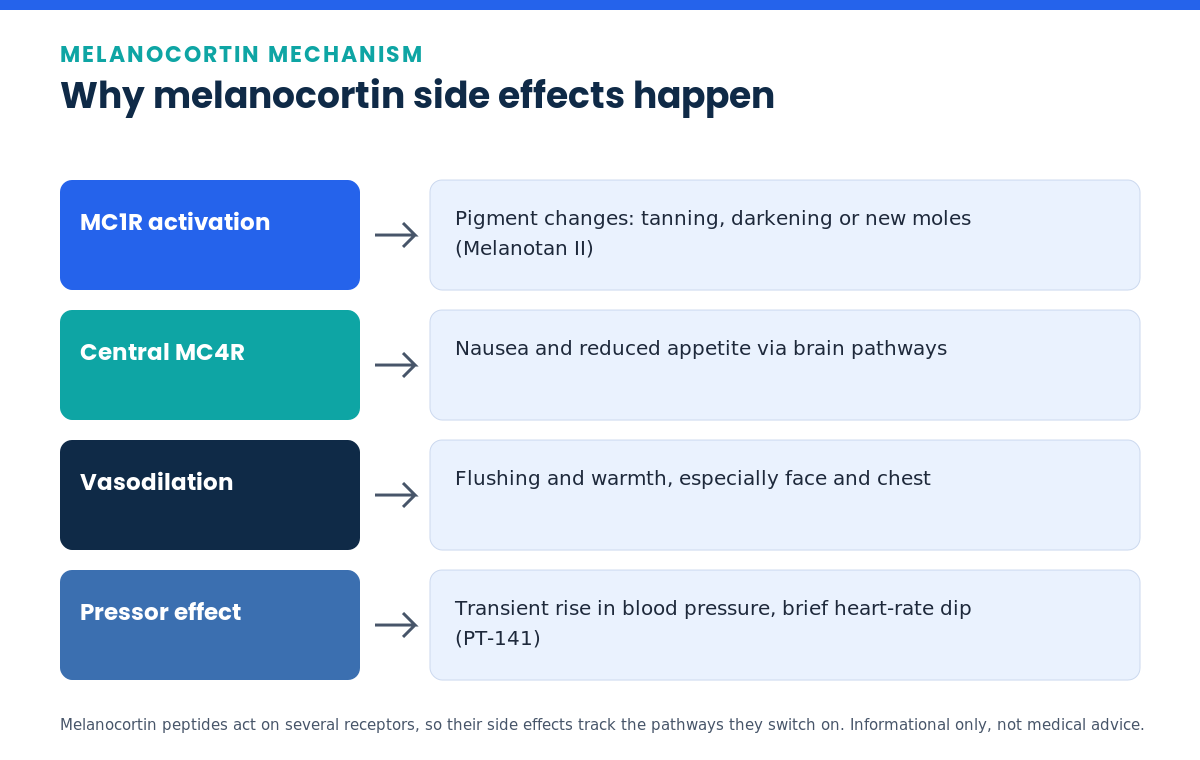Diagram mapping melanocortin receptors to side effects including MC1R pigment changes and MC4R nausea