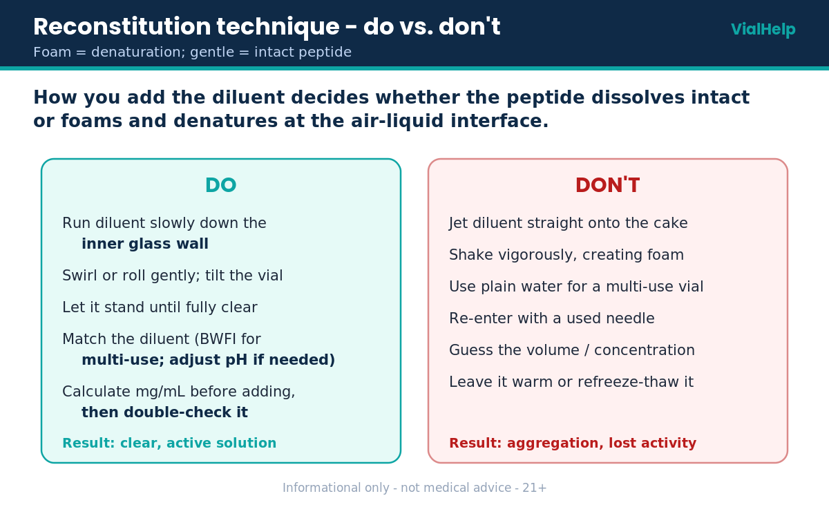 Do and do-not comparison for peptide reconstitution technique: gentle swirling versus shaking