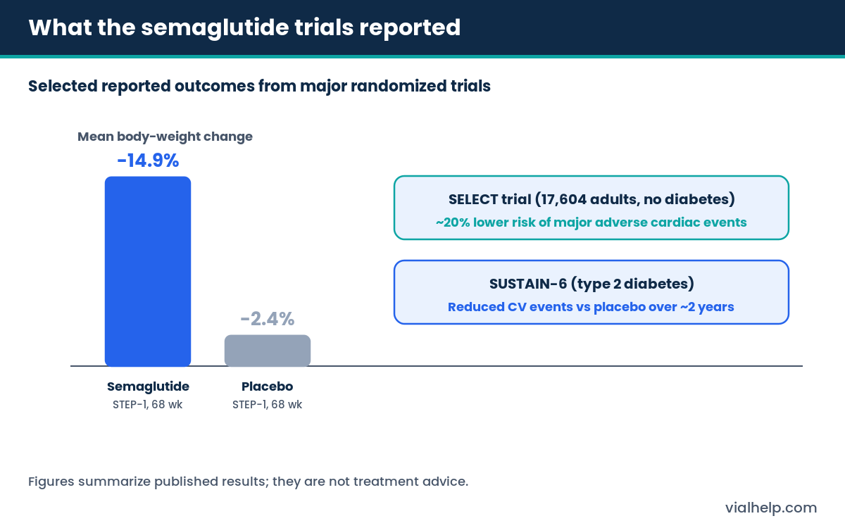 Chart of semaglutide trial outcomes including STEP-1 weight loss and SELECT cardiovascular results