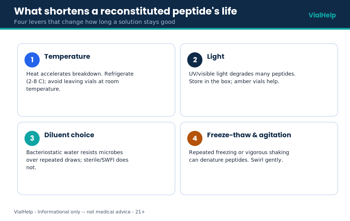 Four factors that shorten a reconstituted peptide shelf life: temperature, light, diluent choice and freeze-thaw cycles