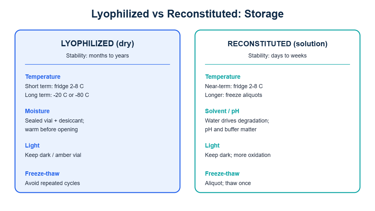 Side-by-side comparison of recommended storage conditions for lyophilized versus reconstituted peptides