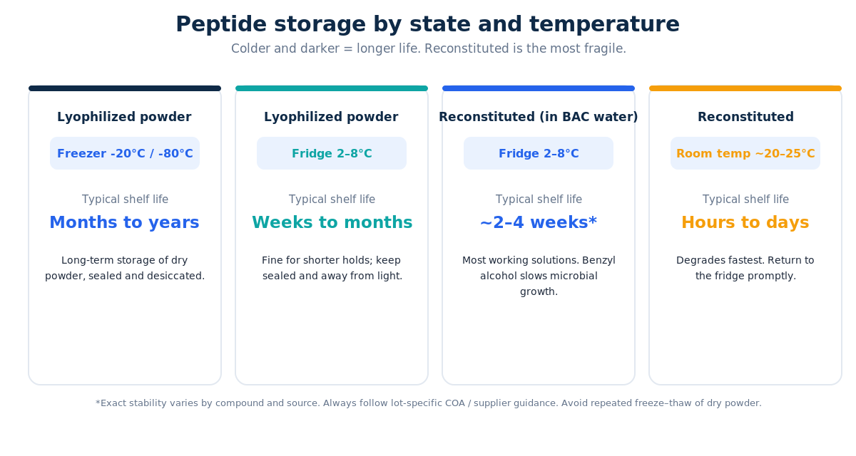 Peptide stability depends on physical state and temperature. Reconstituted solutions are the most fragile.