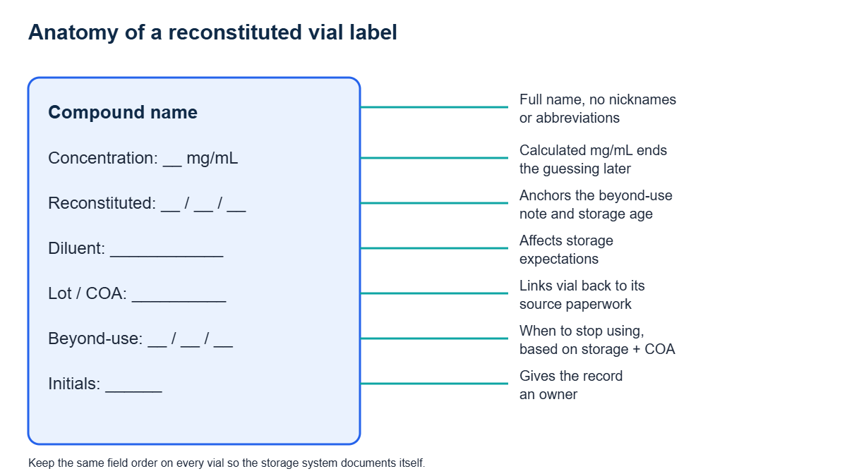 Annotated example of a reconstituted vial label with each field called out: compound name, concentration in mg per mL, reconstitution date, diluent, lot or COA reference, beyond-use note, and preparer initials