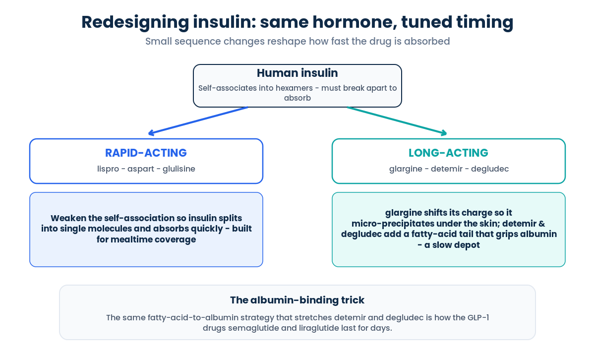 Insulin analogs engineered for timing: rapid-acting versus long-acting, using the same albumin-binding trick as semaglutide