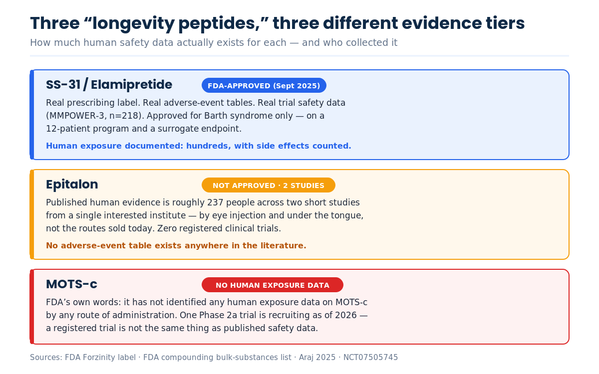 Comparison of human safety evidence for the longevity peptides elamipretide, Epitalon and MOTS-c