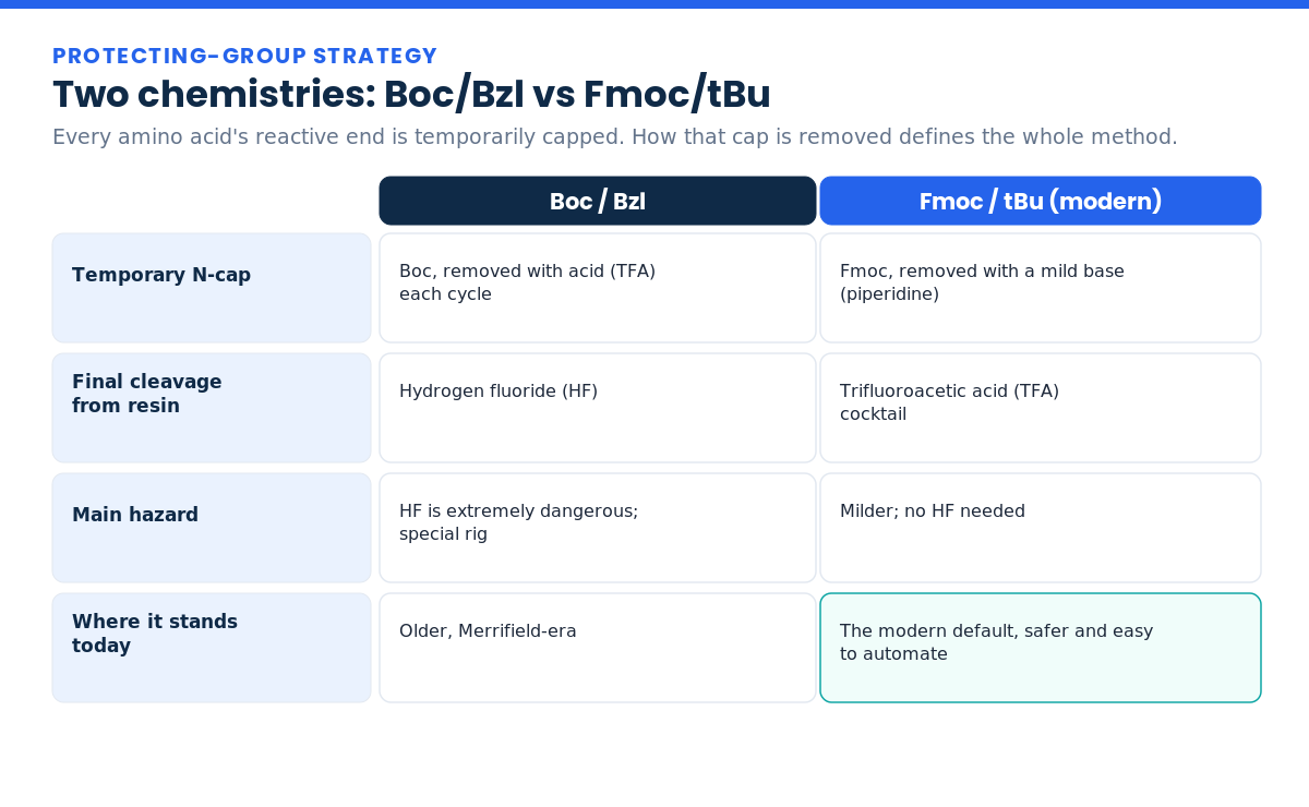Boc/Bzl versus Fmoc/tBu solid-phase peptide synthesis chemistries compared