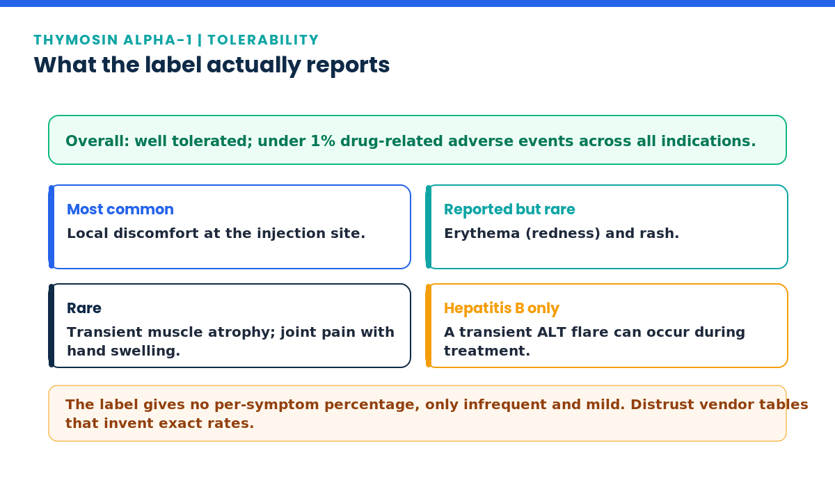 Thymosin alpha-1 side effects documented on the Zadaxin label: injection-site discomfort, rare erythema and rash, ALT flare