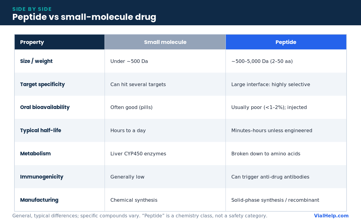Comparison table of peptides versus small-molecule drugs across size, oral bioavailability, half-life, metabolism, immunogenicity and manufacturing