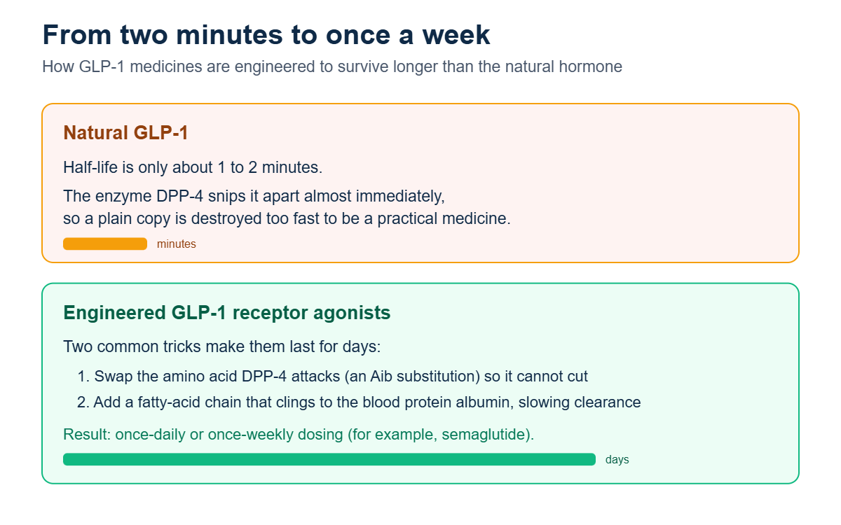Comparison graphic showing natural GLP-1 has a 1 to 2 minute half-life because DPP-4 degrades it while engineered GLP-1 receptor agonists use an Aib substitution and fatty-acid albumin binding to last for days
