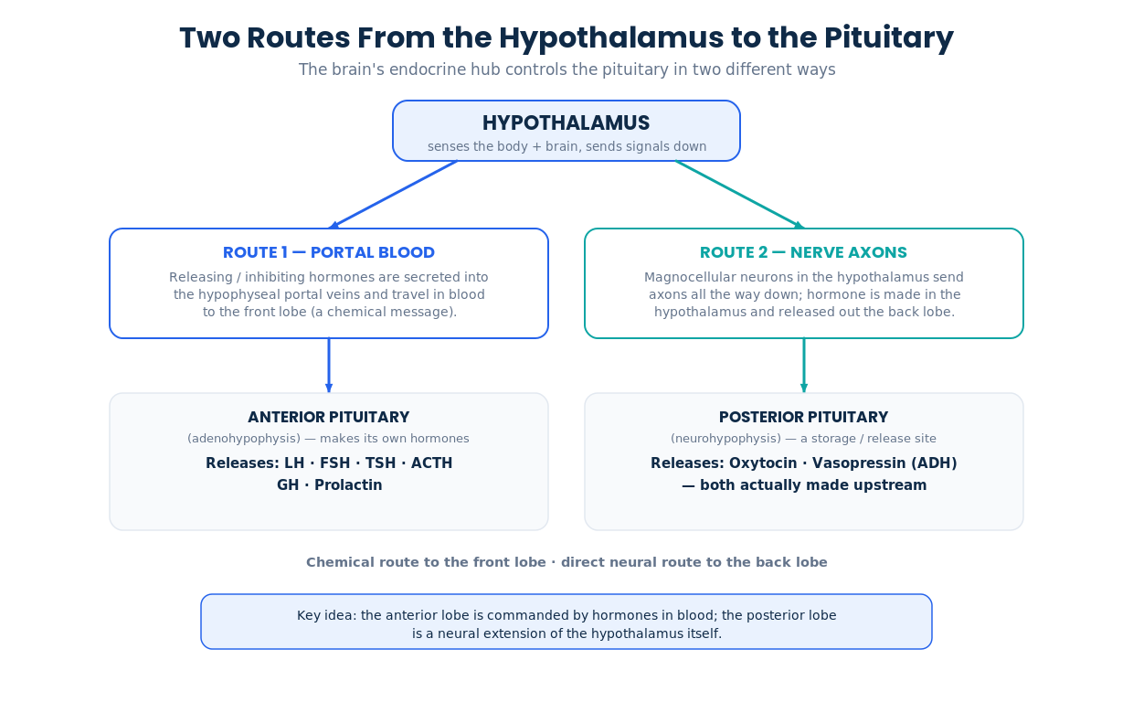 Diagram of the hypothalamus controlling the pituitary through the portal blood route to the anterior lobe and the neural axon route to the posterior lobe