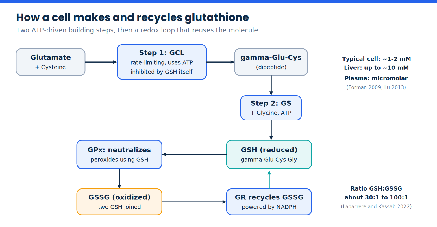 Diagram of glutathione synthesis by GCL and glutathione synthetase and its redox recycling by glutathione peroxidase and glutathione reductase