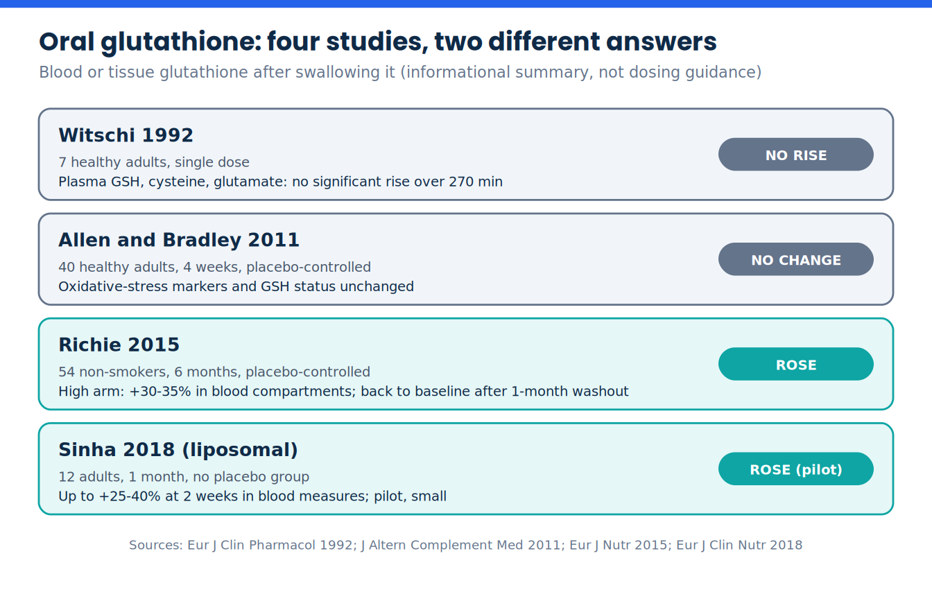 Evidence map of four oral glutathione studies: two found no rise in blood glutathione and two found increases