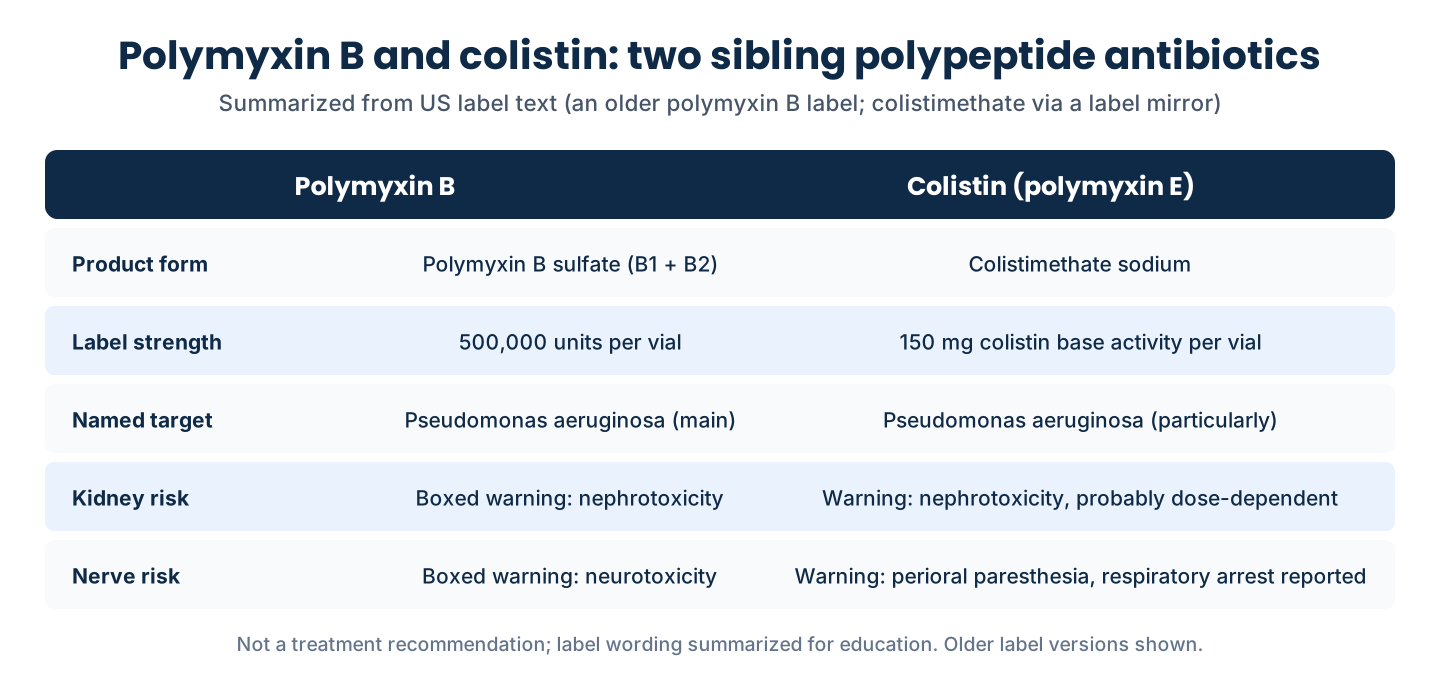 Comparison table of polymyxin B and colistin (polymyxin E) product forms, label strengths and toxicity warnings