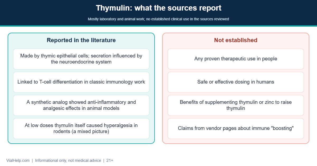 Evidence map of thymulin research: what the literature reports versus what is not established in humans